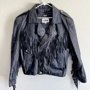 CHIA Black Leather Fringe Jacket